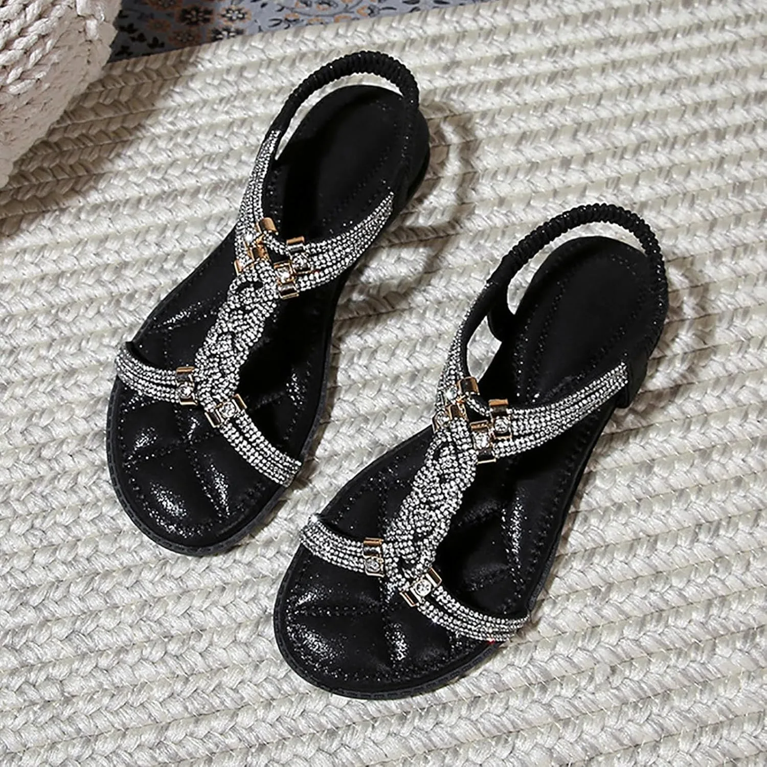 ZSpzx Women's Wedding Sandals Crystal with Rhinestone Women Open Toe Beaded Bohemian Sparkly Sandals Dress Dressy Summer Flip Flops Shoes for Street Work Travel Wedding