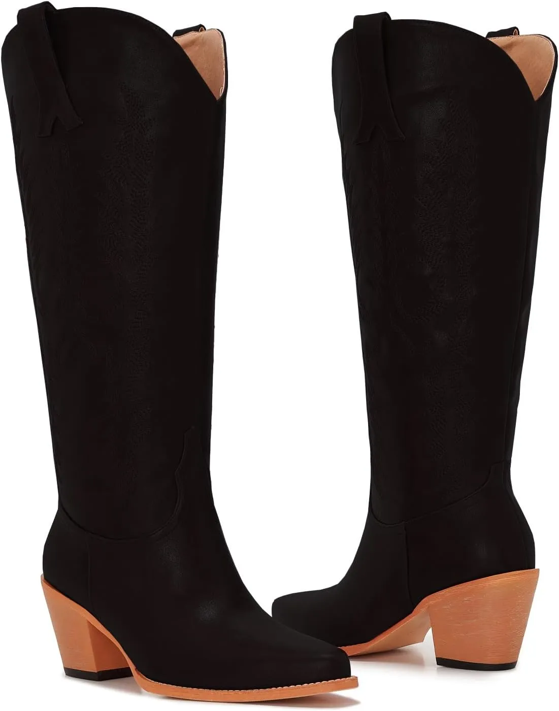 ZXHYZLZ Cowboy Boots For Women Wide Calf Knee High Tall Western Style Comfortable Ladies Plus Size Cowgirl Boots Chunky Heel