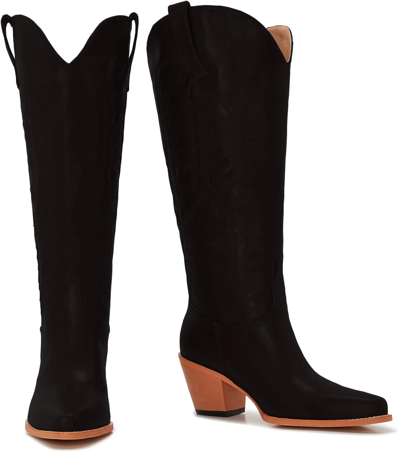 ZXHYZLZ Cowboy Boots For Women Wide Calf Knee High Tall Western Style Comfortable Ladies Plus Size Cowgirl Boots Chunky Heel