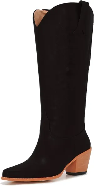 ZXHYZLZ Cowboy Boots For Women Wide Calf Knee High Tall Western Style Comfortable Ladies Plus Size Cowgirl Boots Chunky Heel