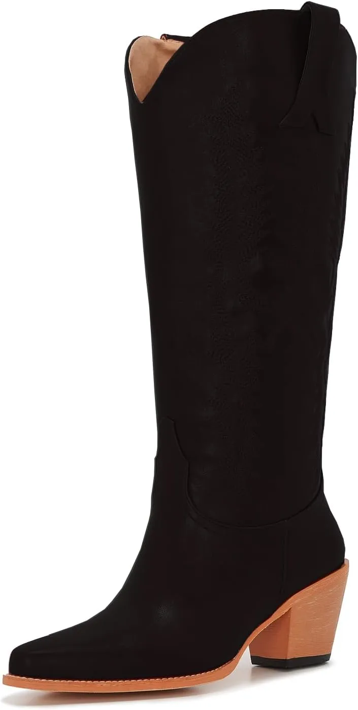 ZXHYZLZ Cowboy Boots For Women Wide Calf Knee High Tall Western Style Comfortable Ladies Plus Size Cowgirl Boots Chunky Heel