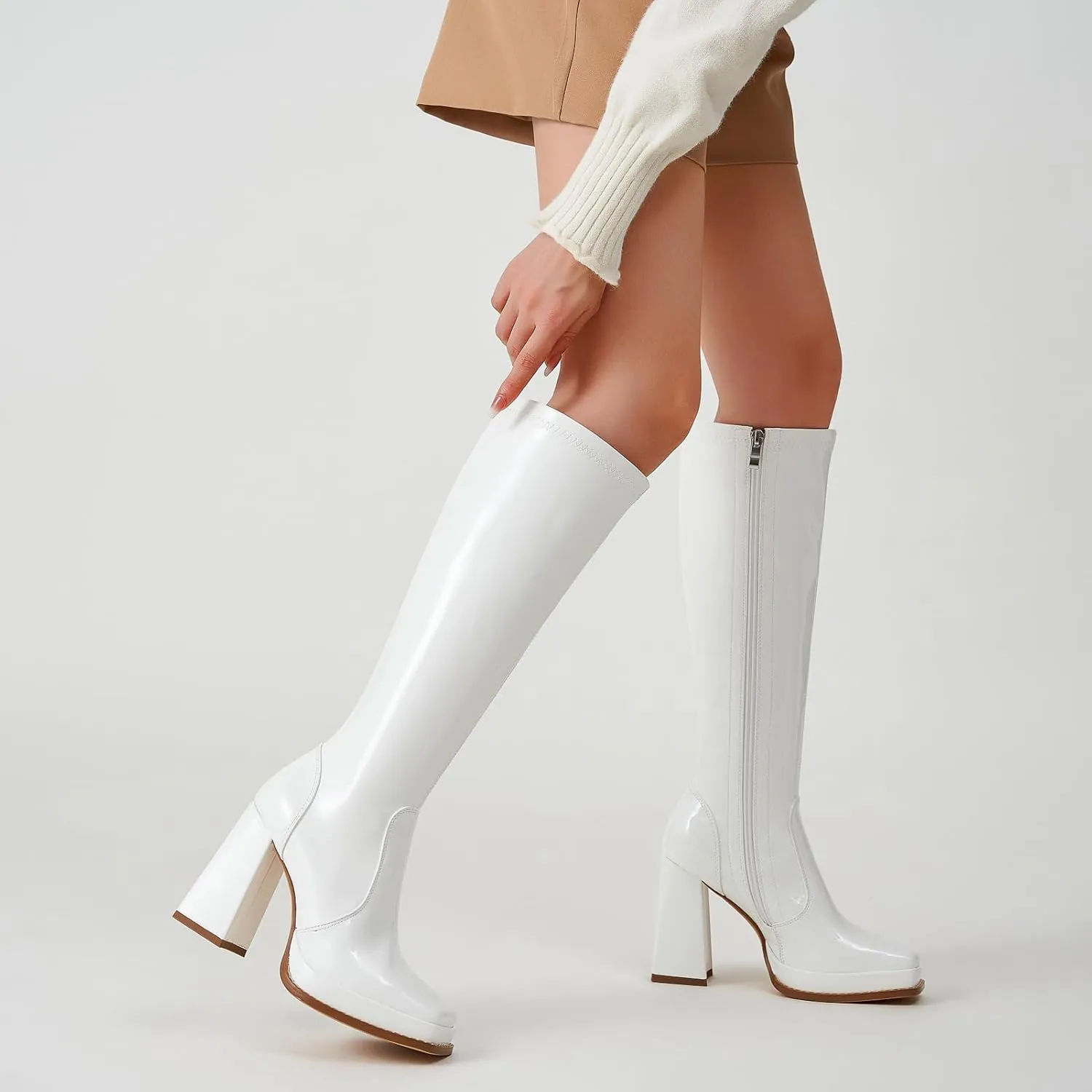 ZXHYZLZ Knee High Gogo Boots 70S For Women Wide Calf Long Tall Square Toe Chunky Boot Women