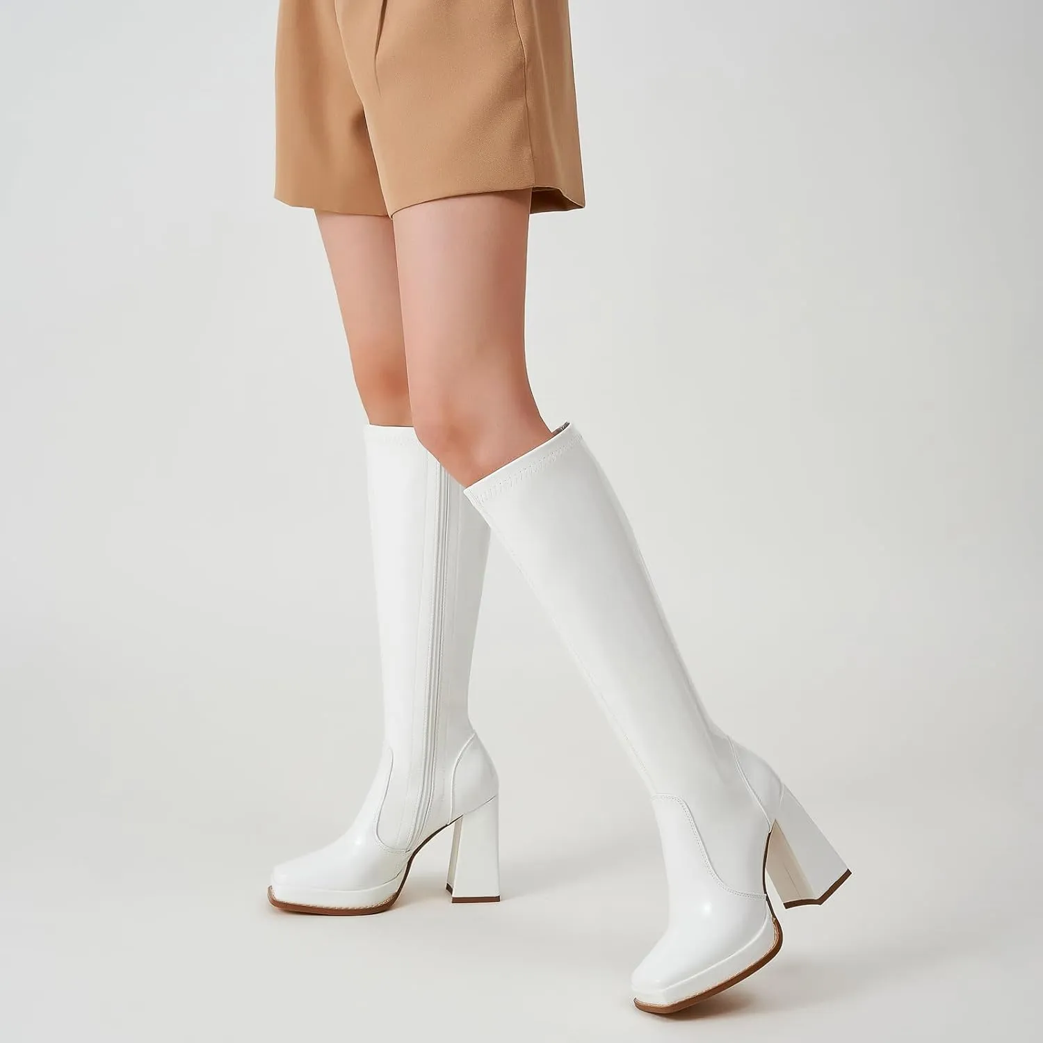 ZXHYZLZ Knee High Gogo Boots 70S For Women Wide Calf Long Tall Square Toe Chunky Boot Women