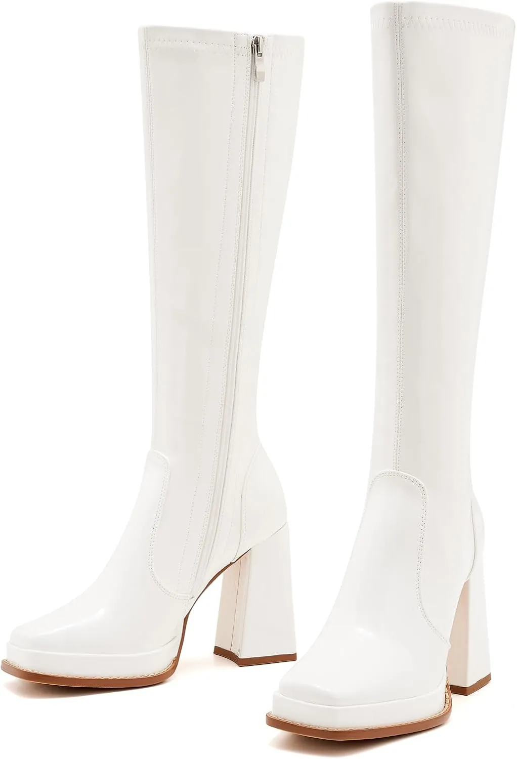 ZXHYZLZ Knee High Gogo Boots 70S For Women Wide Calf Long Tall Square Toe Chunky Boot Women